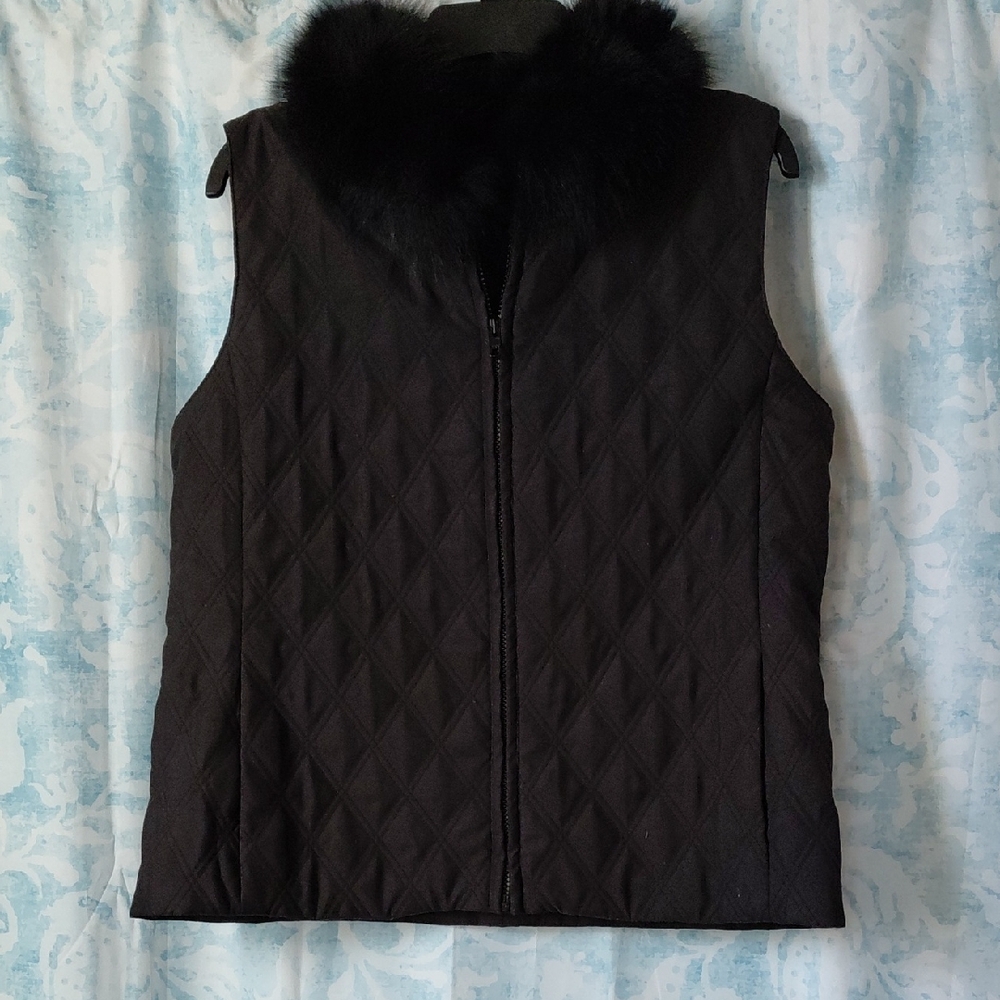 Women's Black Quilted Vest with Faux Fur Collar